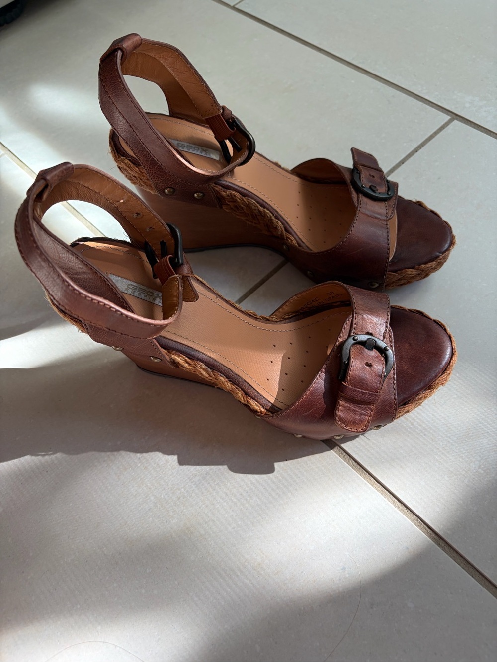 Geox Brown Leather Wedge Sandals with Braided Espadrille Trim